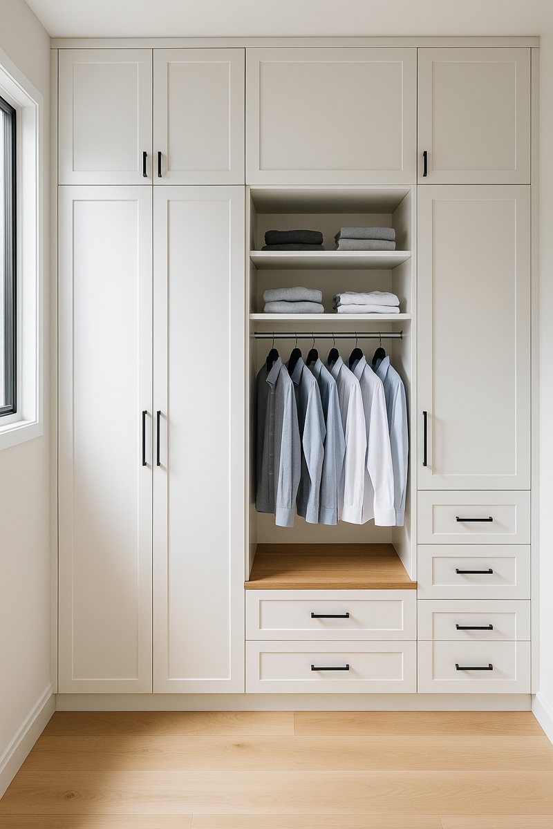 Built-in wardrobe with hanging space, shelving, drawers and a timber bench seat